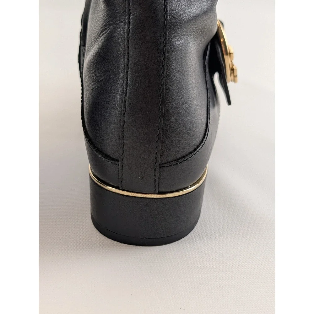 Tory Burch Womens Black Leather Riding Boots Sz 7.5M Gold Logo Buckle Knee High‎